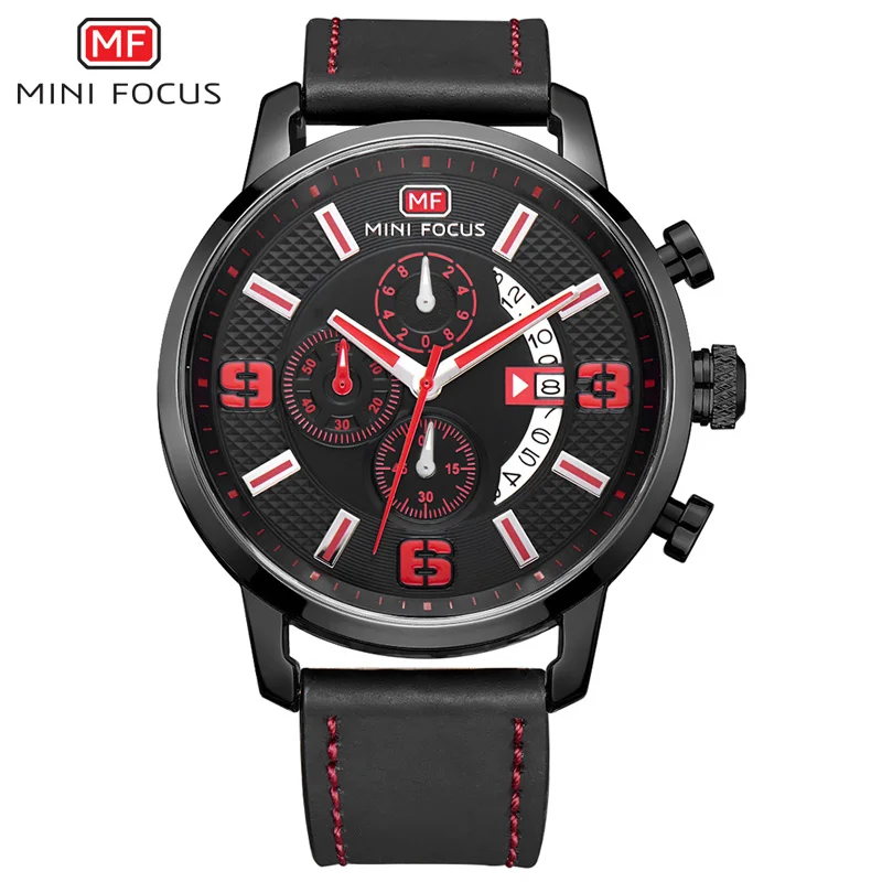Minifocus мужские часы, люксовый бренд, бизнес кожа, мужские часы, Простой Большой циферблат, водонепроницаемые, с календарем, кварцевые наручные часы для мужчин - Цвет: Red