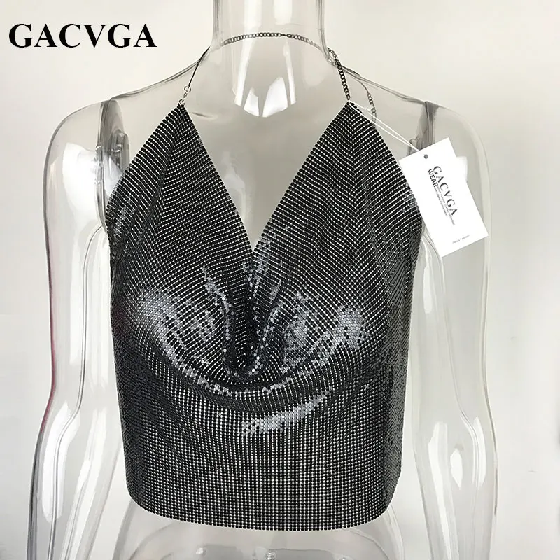 GACVGA, сексуальные женские короткие топы с открытой спиной и блестками, майка на бретельках, летняя укороченная майка на бретельках, женские вечерние топы