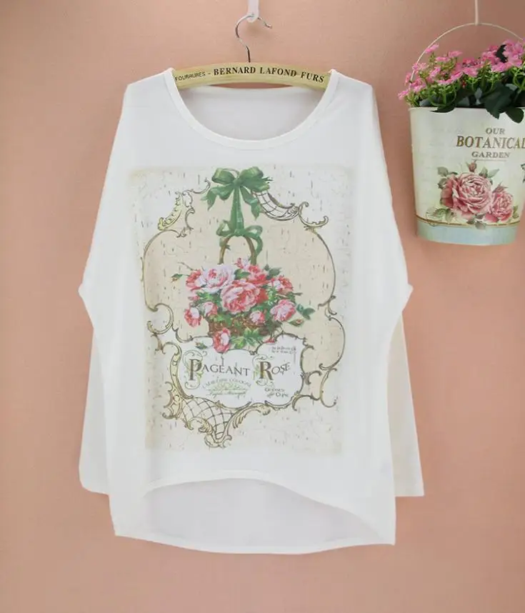 Новинка 2014 модная футболка с цветочным принтом большие размеры топ рукавами