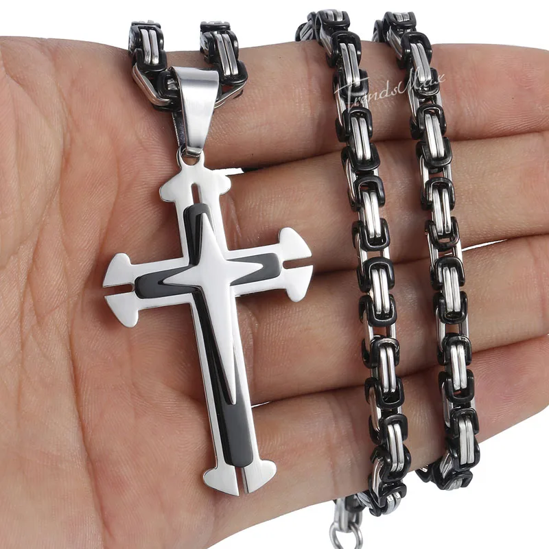 KP407 Black silver Мужское ожерелье с крестом, золото, серебро, подвеска в форме черного Креста, нержавеющая сталь, византийская цепочка, ожерелье,, хип-хоп, мужские ювелирные изделия, KP180 - Окраска металла: KP407 Black silver