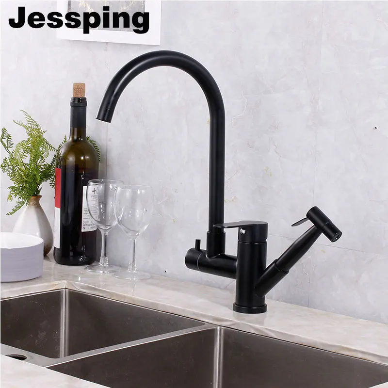 

Black pull out kitchen faucet has sprayer water gun 360 degree rotate
