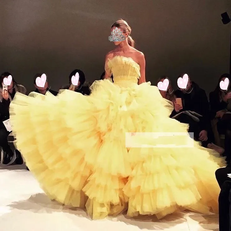 abiye Yellow Formal Dresses Tulle abendkleider Puffy Evening Gown 2019 Backless Dress gelinlik robe de soiree longue | Свадьбы и