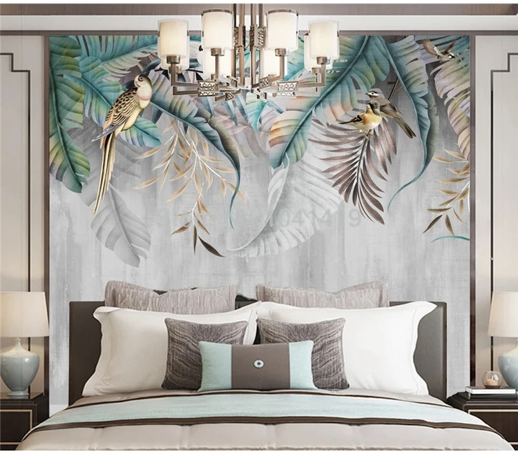 Custom Any Size Mural Wallpaper Modern 3D Nordic Style Plant Leaves Birds Photo Wall Mural Living Room Bedroom Home Decor Fresco