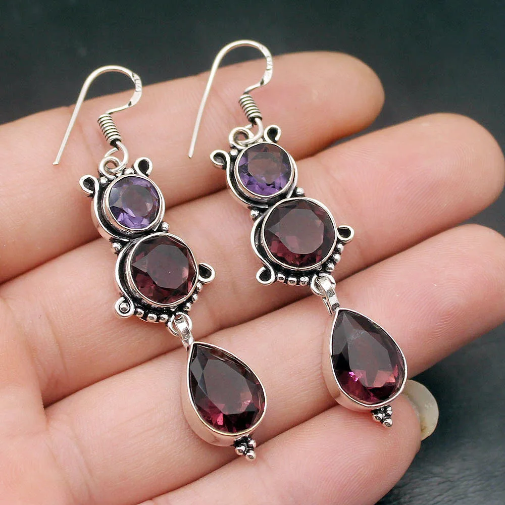 Hermosa Teardrop винтажные фиолетовые аметисты 925 стерлингового серебра Висячие серьги
