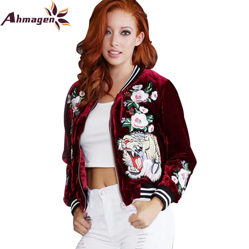 Ahmagen модные женские туфли Одежда Тигр Роуз Вышивка короткие вельветовые куртки