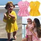 Пляжная накидка для маленьких девочек, детское летнее платье с помпонами и цветочным рисунком, 2019, детская пляжная одежда, сарафан, купальный костюм
