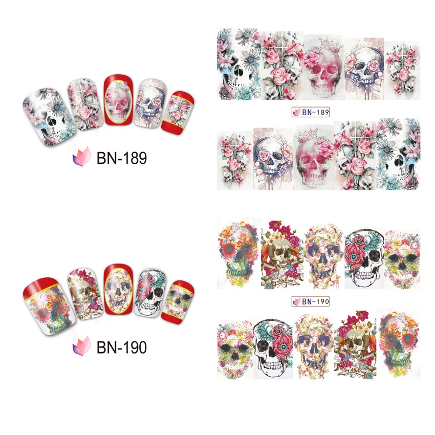 1 лист переводные наклейки для ногтей Череп Скелет наклейка на Хэллоуин узор