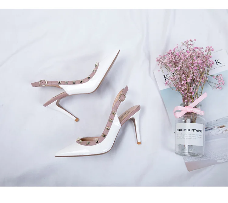 Hersevll Rivet High Heels Women's Sandals New Summer Large Size Thin Heel Sexy Top Single Shoe Pointed Toe Women's Sandals