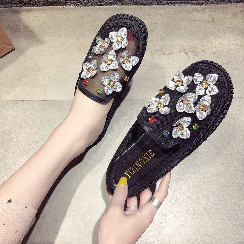 Женские дышащие сандалии на плоской подошве с круглым носком со стразами и
