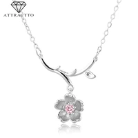 attractto alloy crystal pink flower necklacespendants charm for women silver necklaces jewelry chain plant necklace sne190091