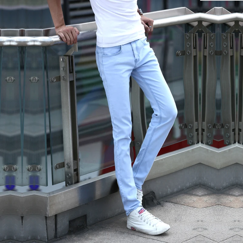 Джинсы мужские Стрейчевые небесно-голубые повседневные брюки облегающего