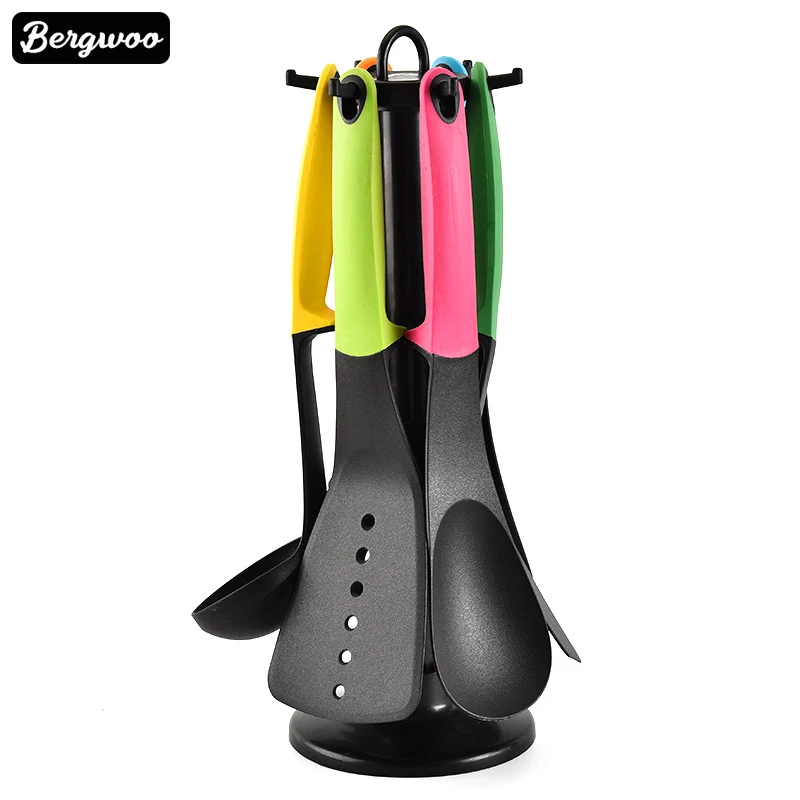 6pcs with holder 6 шт красочные нейлоновые кухонные принадлежности набор лопата ложка набор кухонная утварь с вращающимся держателем - Цвет: 6pcs with holder
