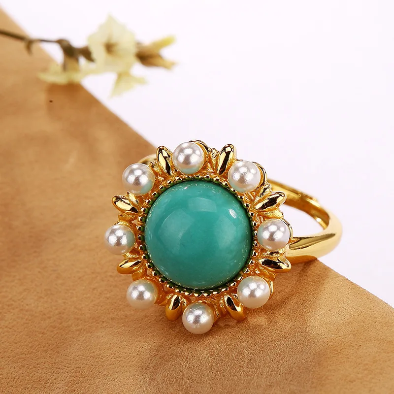 S925 sterling silver gilt Natural  Inlaid pearl ring