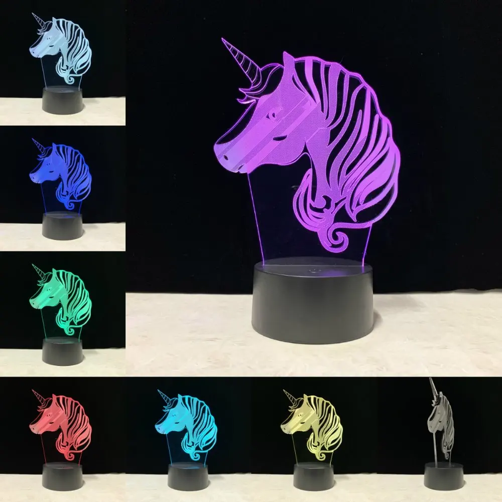 Мультяшный Единорог голова пони 3D лампа светодиодный многоцветный светильник