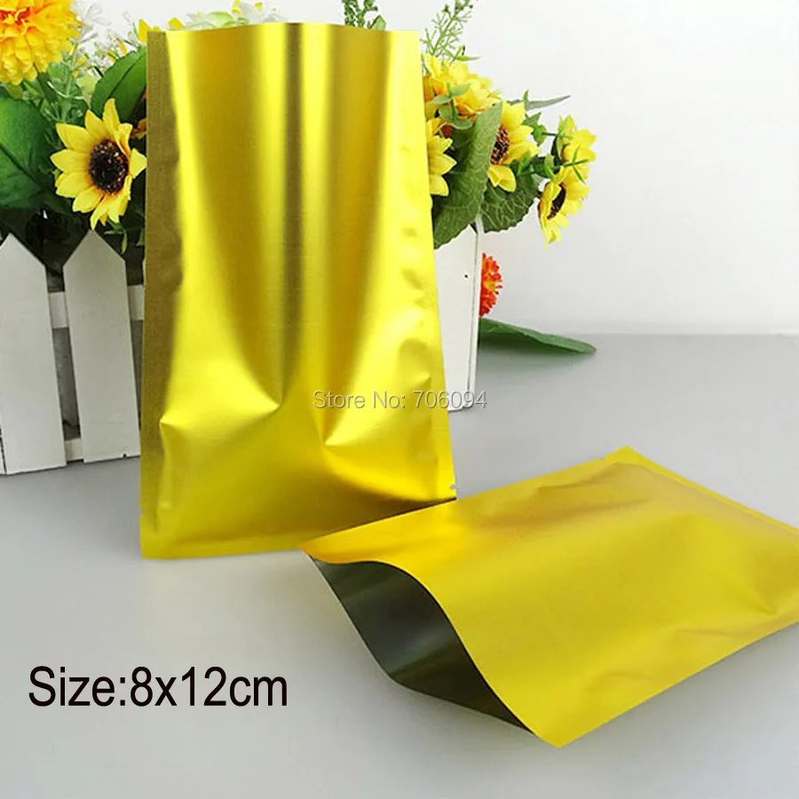 

300 шт./лот 8*12 см (3,1 ''x 4,7''), термоуплотнительный Золотой пакет из алюминиевой фольги для чая, кофе, Подарочный пластиковый держатель для хранен...