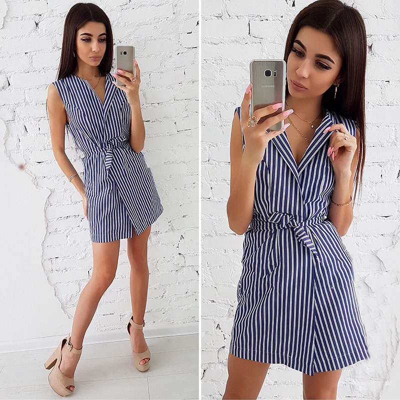 Women 2019 summer New Fashion Elegant Blue Black Striped Dresses Casual V-neck Sleeveless Sashes Loose Mini dress | Женская одежда