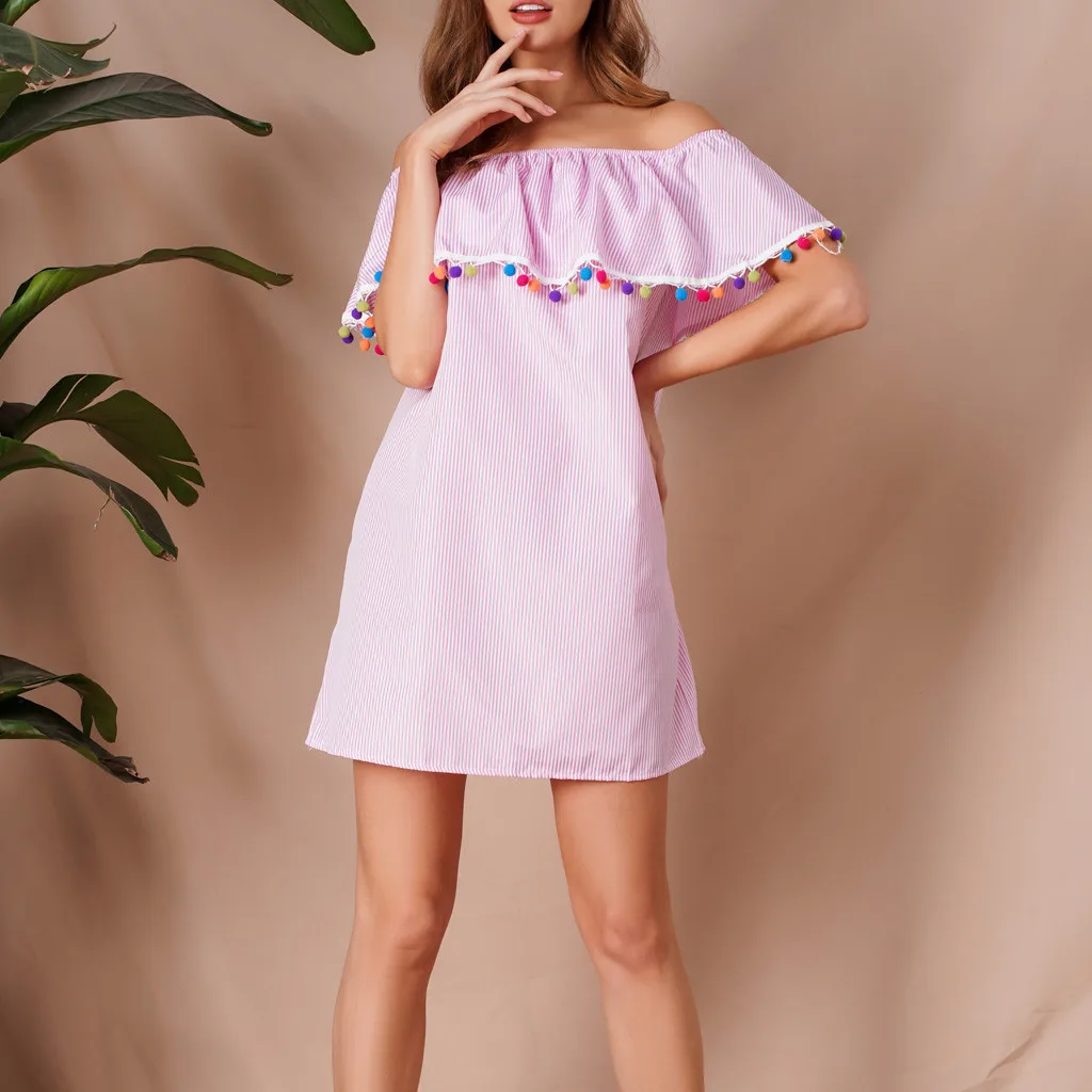 Модное женское платье с открытыми плечами Полосатое однотонное Повседневное