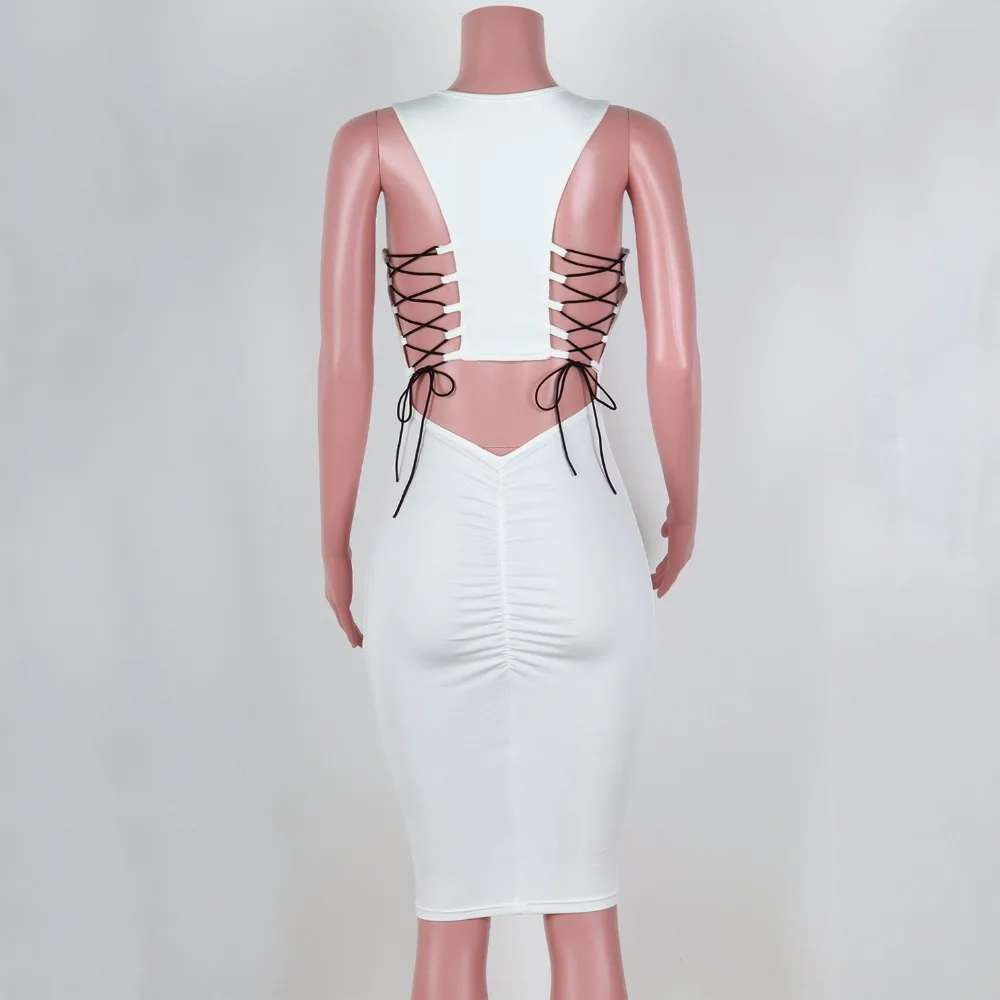 Lace Up Midi Sexy Dress Women Bandage Bodycon Hot 2019 Summer Club Wear Backless White Pleated Party Dresses Vestiod | Женская одежда