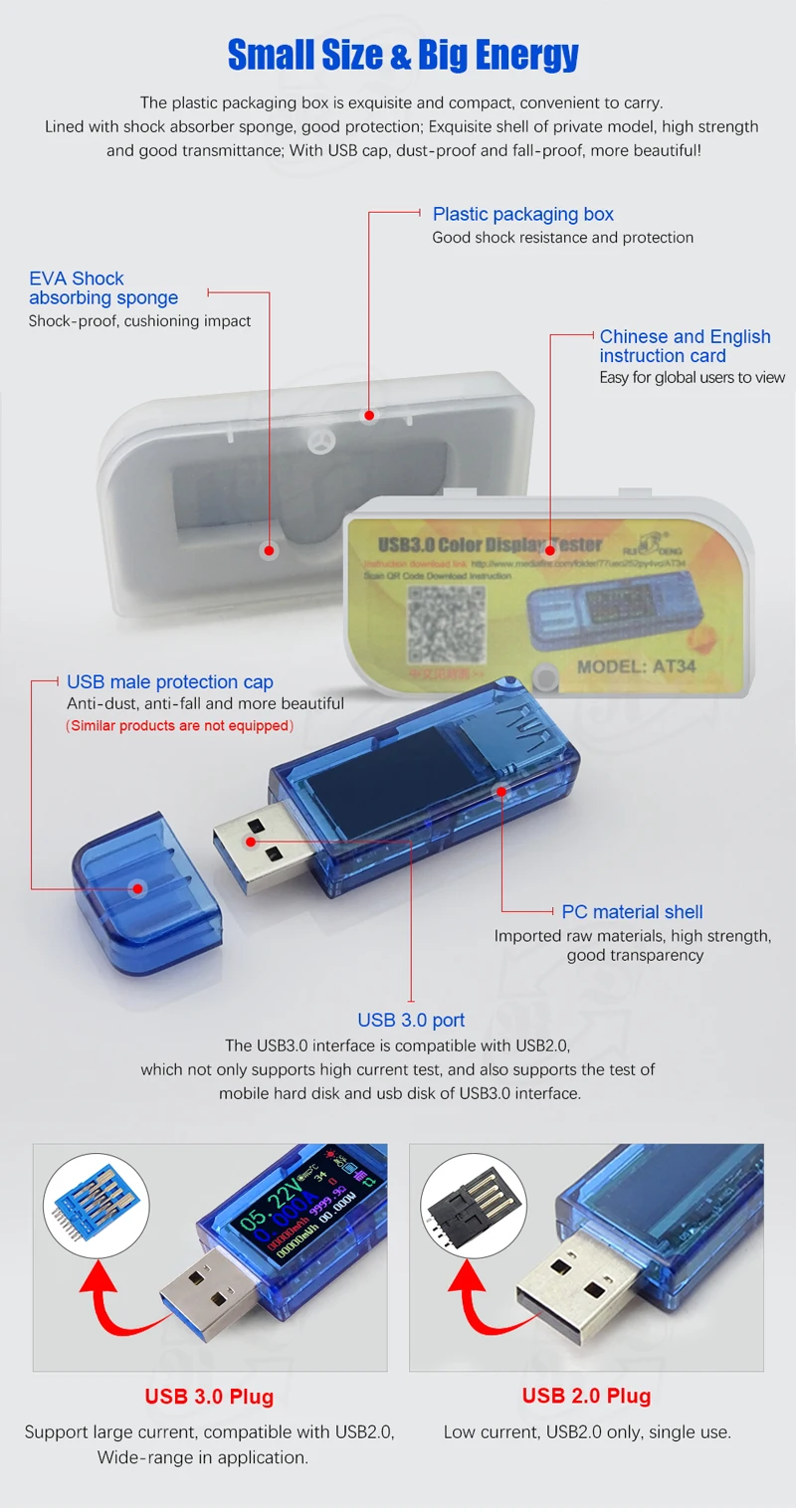 RUIDENG AT34 USB3.0 ips HD USB тестер Напряжение Ток емкость энергии Мощность эквивалент сопротивление температура тестер 30 в 4A