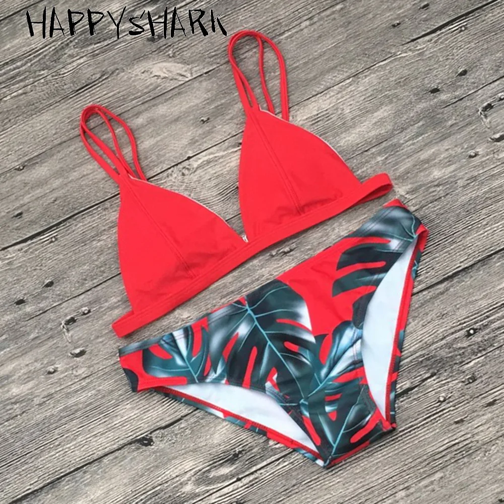 HAPPYSHARK 2018 Women Bikinis Set Palm Leaves Printed Bottom Swimwear Brazilian Biquinis Solid Top 2 Pcs Swimsuit Red Blue Orang |