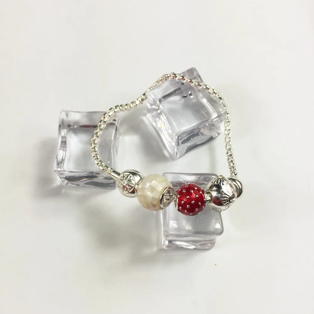 Серебряные основные звенья цепи браслеты с перламутровыми бусинами клубника