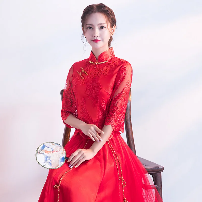 

Women Qipao Chinese Traditional Hanfu Dress Lady Elegance Cheongsam Wedding Dress Vintage Bridesmaid Qipao Lace Evening Dress
