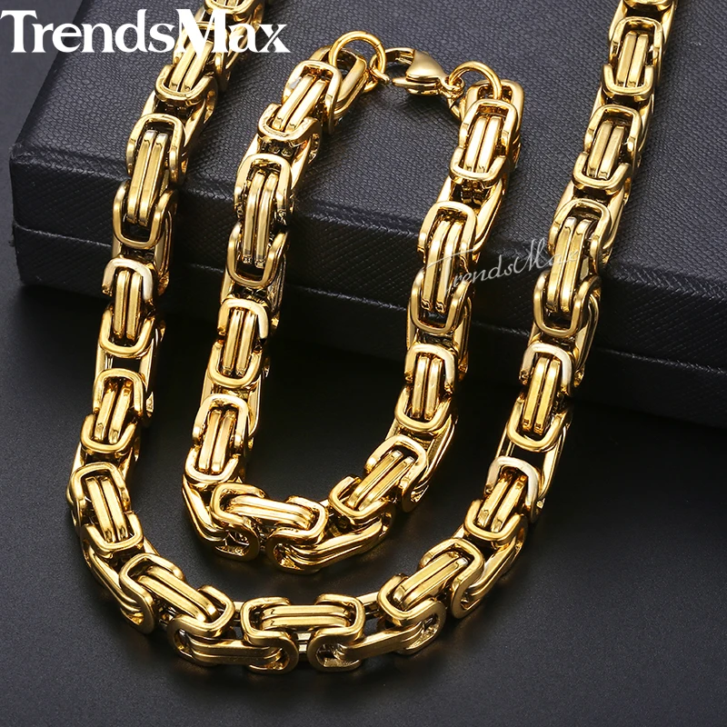 8mm Stainless Steel Bracelet Necklace Set For Men Boys Gold Color Byzantine Box Chain Jewelry Sets Hip Hop Male KKS55 | Украшения и