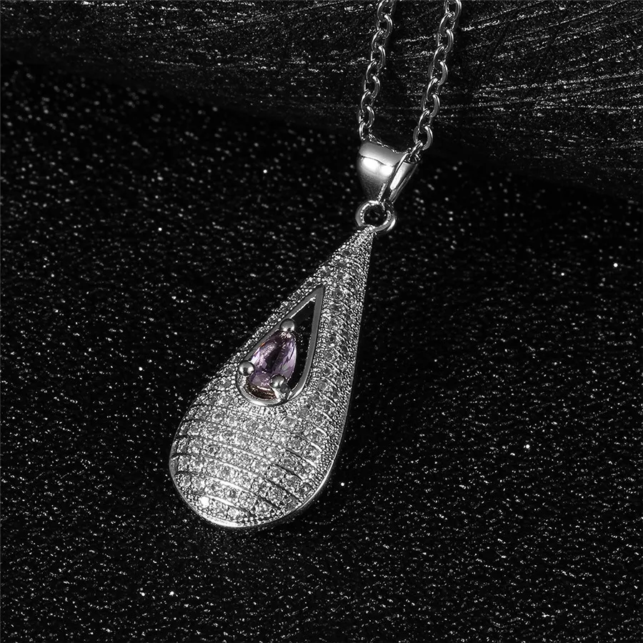 SAUVOO 1Pcs/lot Micro Pave CZ Water Drop Pendant Necklace For Women Stainless Steel Statement Chain BFF Gifts | Украшения и