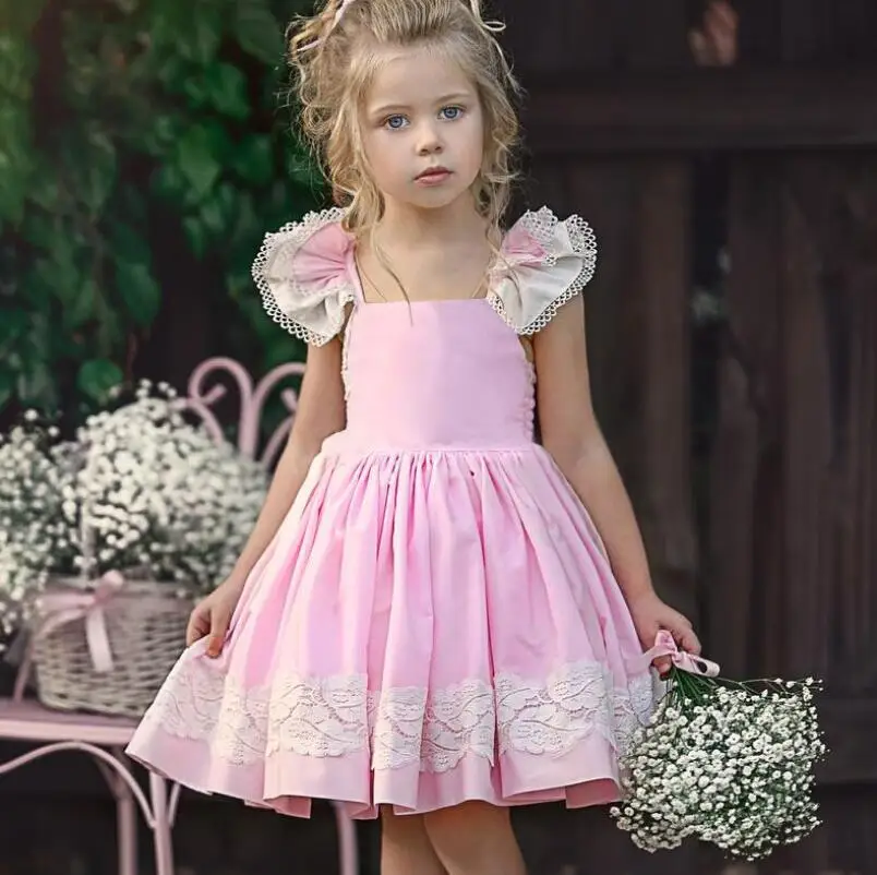 Retail 2019 Baby Girls Summer Fashion Cotton Lace Puff Sleeve Pink Dresses Princess Children Cute Dress | Детская одежда и обувь