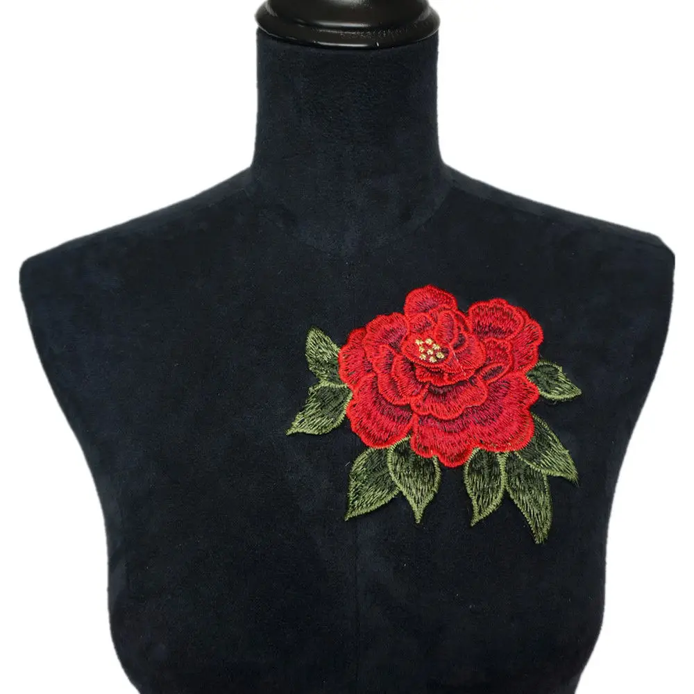 Red Rose Leaves 3D Flowers Embroidered Fabric Appliques Mesh Trimmings Sew On Patches For Wedding Bride Dress DIY Decoration | Дом и сад