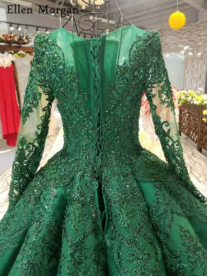 High Quality Green Ball Gowns Wedding Dresses 2019 Saudi Arabian Dubai Lace up Vintage Long Sleeves Muslim Bridal Gowns