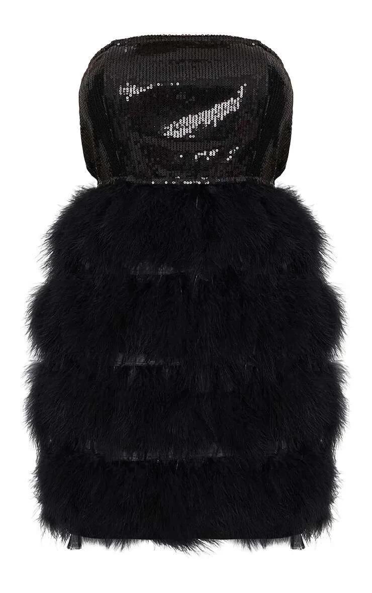 Модное платье Сексуальное мини без бретелек с перьями и блестками вечерние