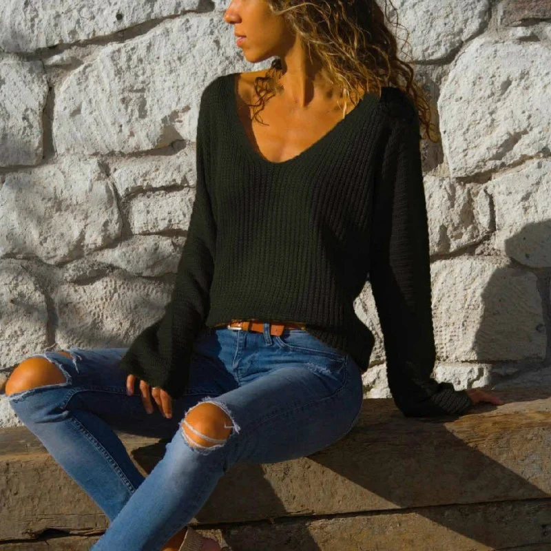 Модный осенне-зимний топ сексуальный v-образный вырез свободный длинный рукав