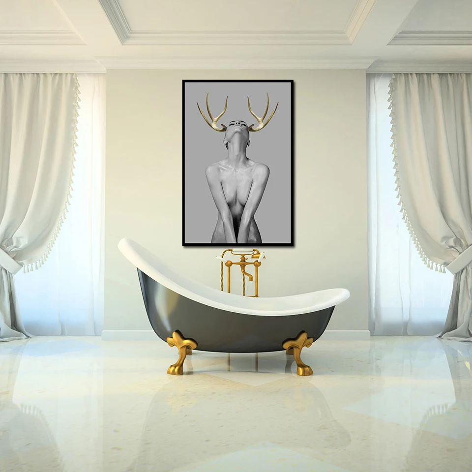 

Creative Sexy Nude Girl Posters Women Antlers Feather Nordic Wall Art Canvas Painting Hotel Apartment Decoration Prints Pictures