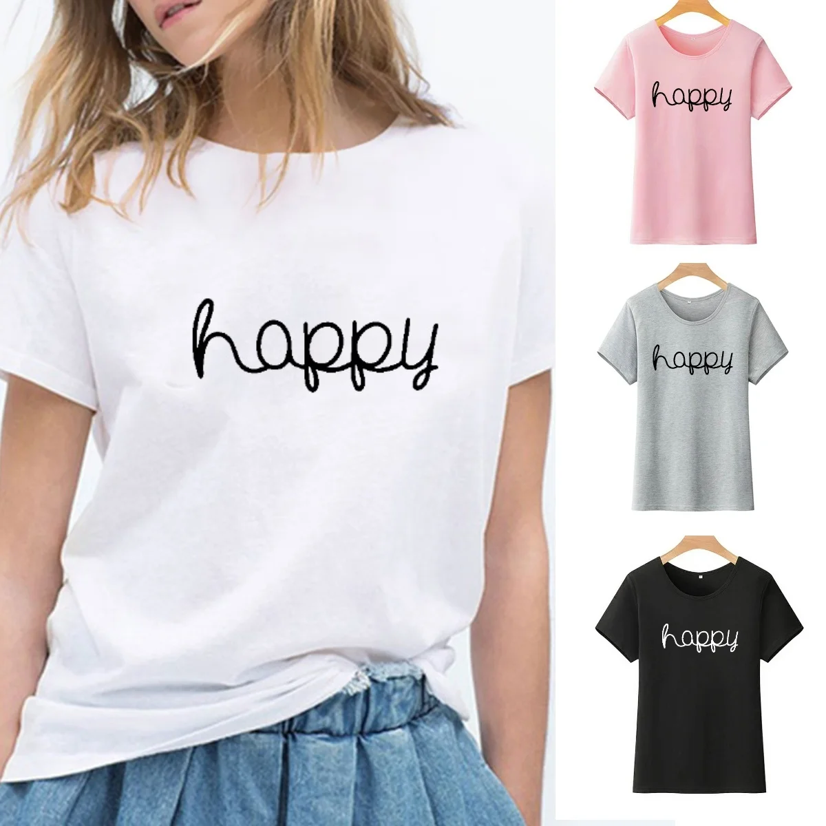 HAPPY Hipster Print T Shirt for Women Short Sleeve Loose Casual Summer Streetwear Black &amp White tee shirt femme | Женская одежда