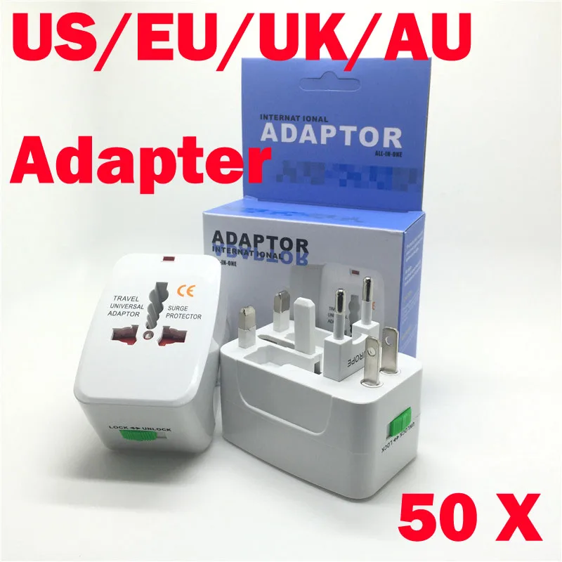 

50pcs Universal International Travel Adapter All in One AC Power Charger Adaptor with US EU UK AU Converter Plug