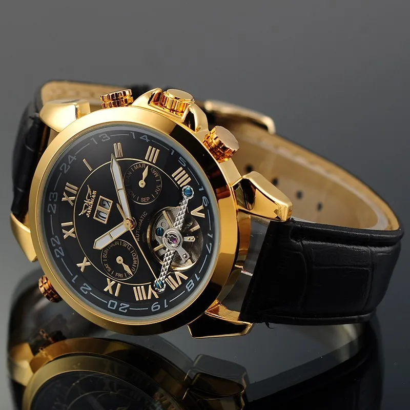 Модные JARAGAR, мужские Брендовые Часы, дата, кожа, Tourbillon, маховик, авто механические мужские часы, наручные часы, подарочная коробка