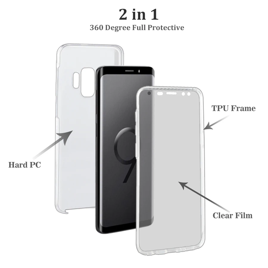 LANCASE For Samsung Galaxy S9 Case Clear 360 Full Cover 2 In 1 Protect Film Hard PC Plus Silicone Frame |