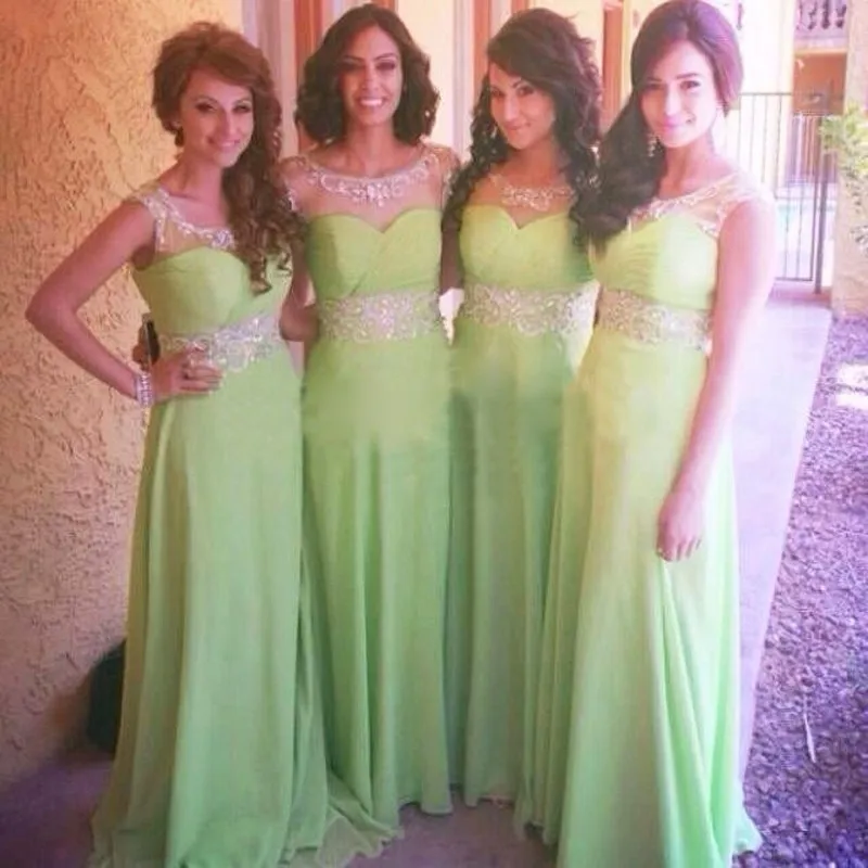 Newsest A Line Scoop Neck Shortsleeve Beaded Pleat Long Floor Length Chiffon Green Bridesmaid Dresses Vestido De Festa | Свадьбы и
