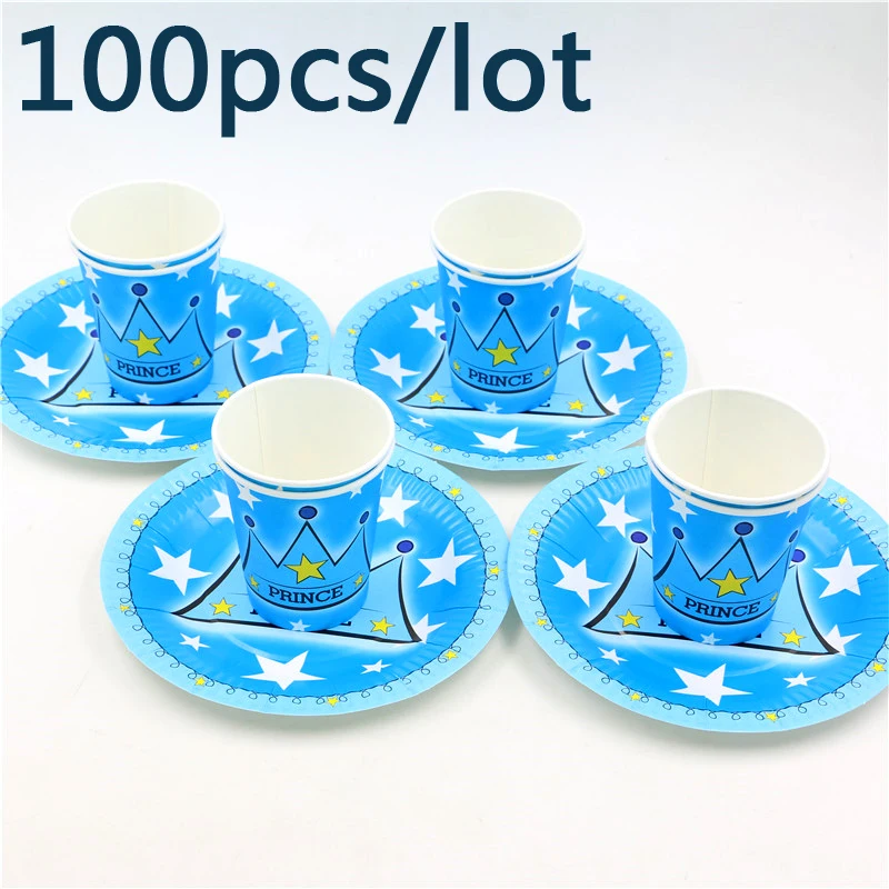 

Украшения Дети День рождения комплект всего 100 шт. = 50 шт. чашки + 50 шт. пластин Baby Shower блюд принц синий корона посуда принадлежности