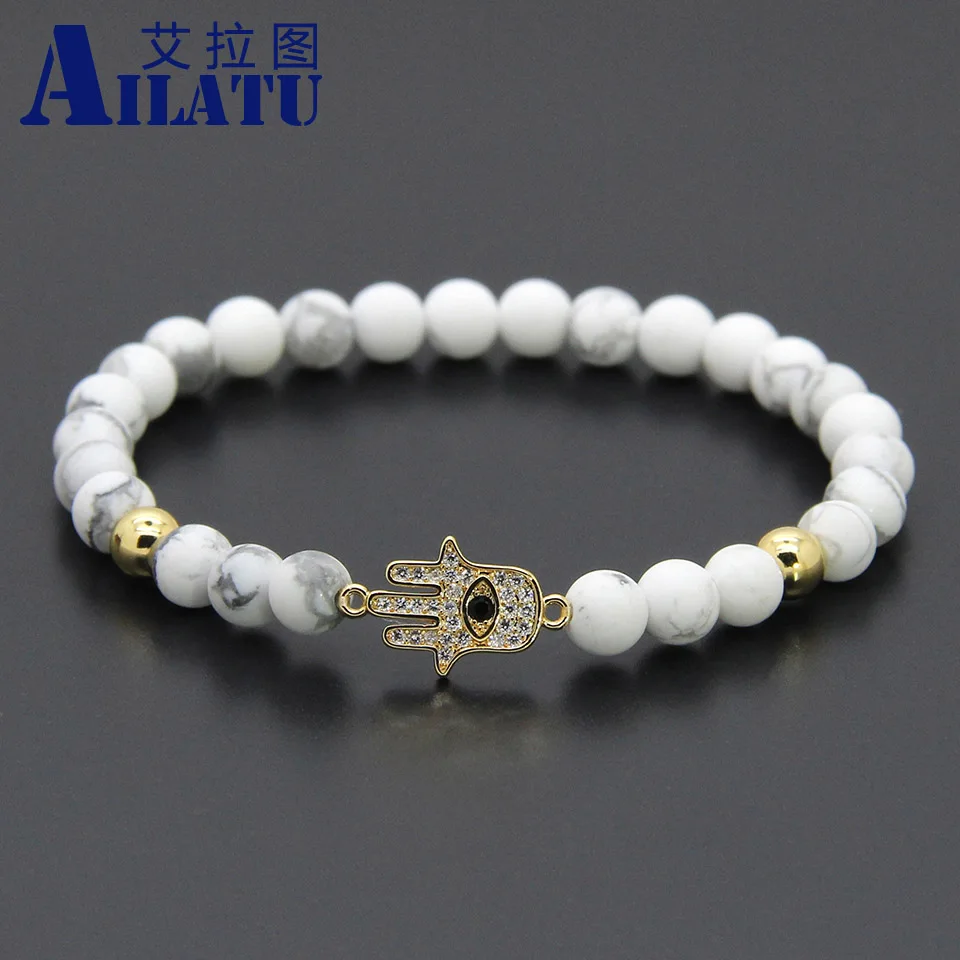 Ailatu 6 мм белые мраморные бусины Howlite с микрозакрепкой фианитами Hamsa браслет