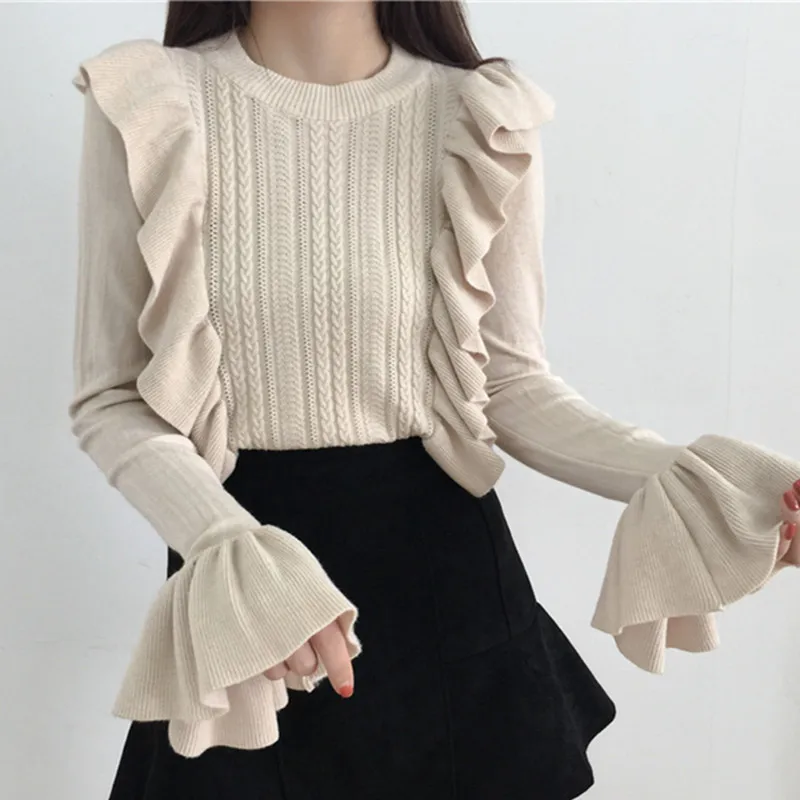 HAMALIEL Fashion Sweet Autumn Women Knitting Pullovers Korean Sky Blue Ruffles Crochet Knitted Long Flare Sleeve Sweater Jumper | Женская