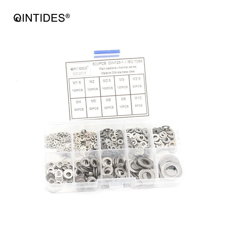Qintides 600 шт./компл. DIN125 M1.6 M2 M2.5 M3 M3.5 M4 M5 M6 M8 M10 Нержавеющая сталь шайба плоская шайба прокладки Ассортимент Комплект