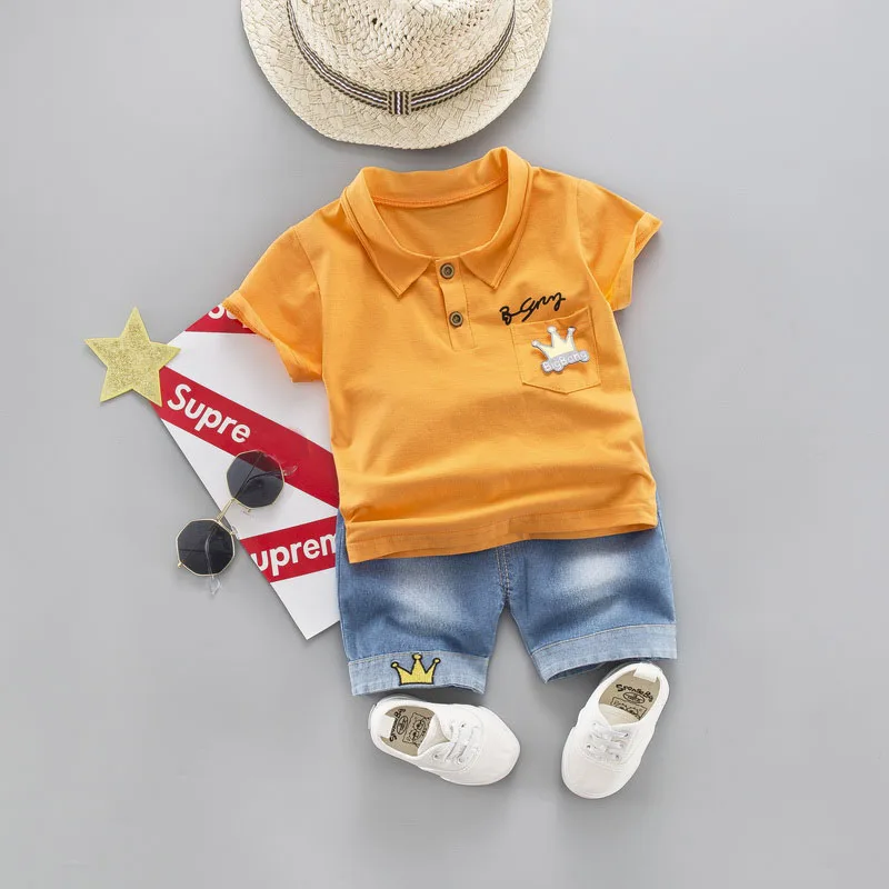 Cotton Toddler Baby Boy Turn-down Collar T-shirt Clothes Sets Summer Crown Jeans Short Children Clothing Costume for Kids Suits |