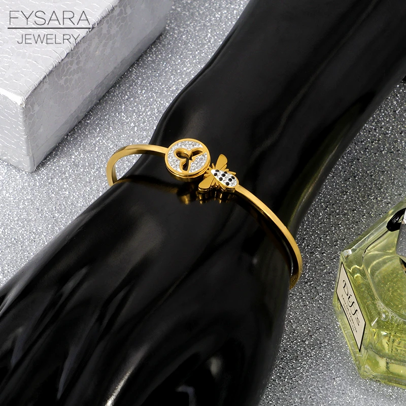 FYSARA Classic Insect Design Bees Crystals Bangle Bracelet for Women Stainless Steel Gold Color Cuff Bracelets Famous Jewelry | Украшения и