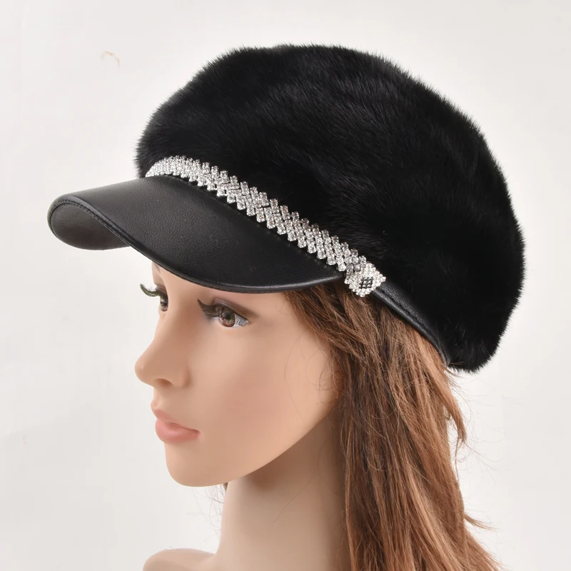 

New Women Mink Fur Hat Genuine Winter Whole Skin Fur Hats Casual Fur Caps Female Russian Beanies Casual Cap peaked cap
