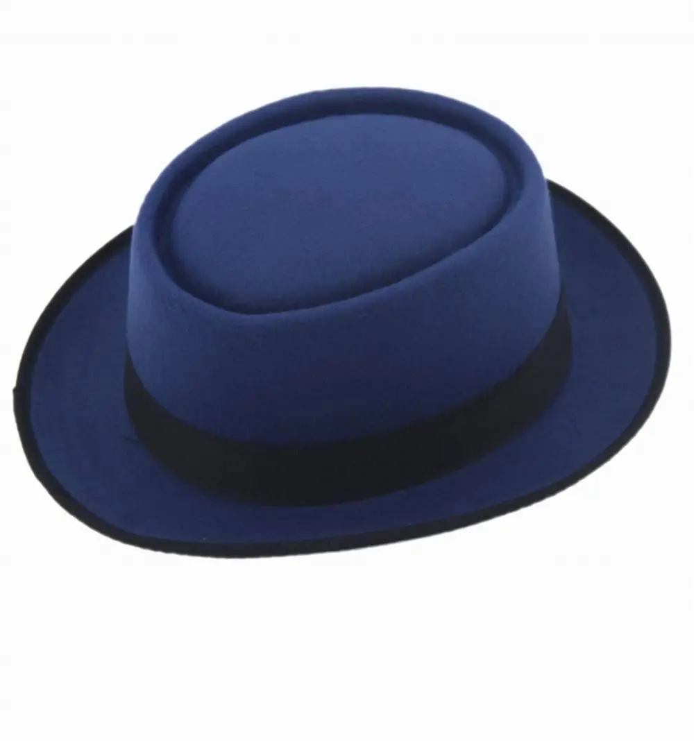 blue Новая модная классическая фетровая Кепка унисекс из свинины и порки, кепка с подъемом, шляпы с короткими полями, черная лента - Цвет: blue