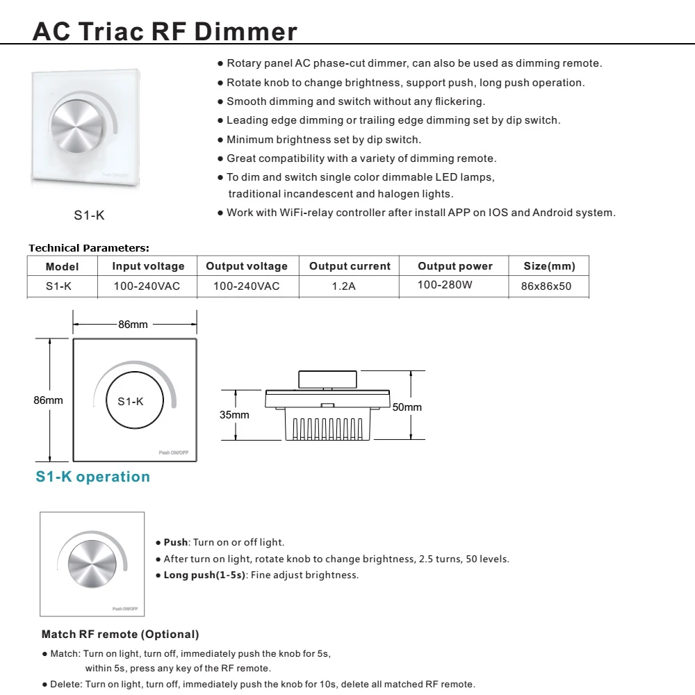 Светодиодный диммер AC 220V 110V Беспроводной RF 2,4G дистанционное управление поворотный Стекло Панель Triac диммер Wifi умный светильник контроллер для светодиодный лампы