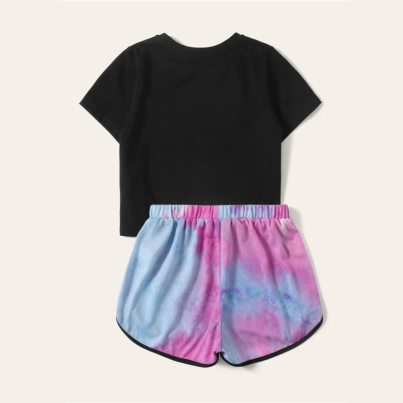 SHEIN Kiddie черная футболка с буквенным принтом и шорты с завязками на талии комплекты для девочек г. Летняя детская одежда с короткими рукавами