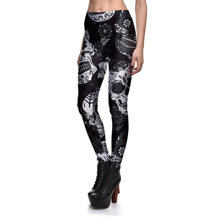 Женские леггинсы LAISIYI черные эластичные с принтом в виде черепа и цветов брюки